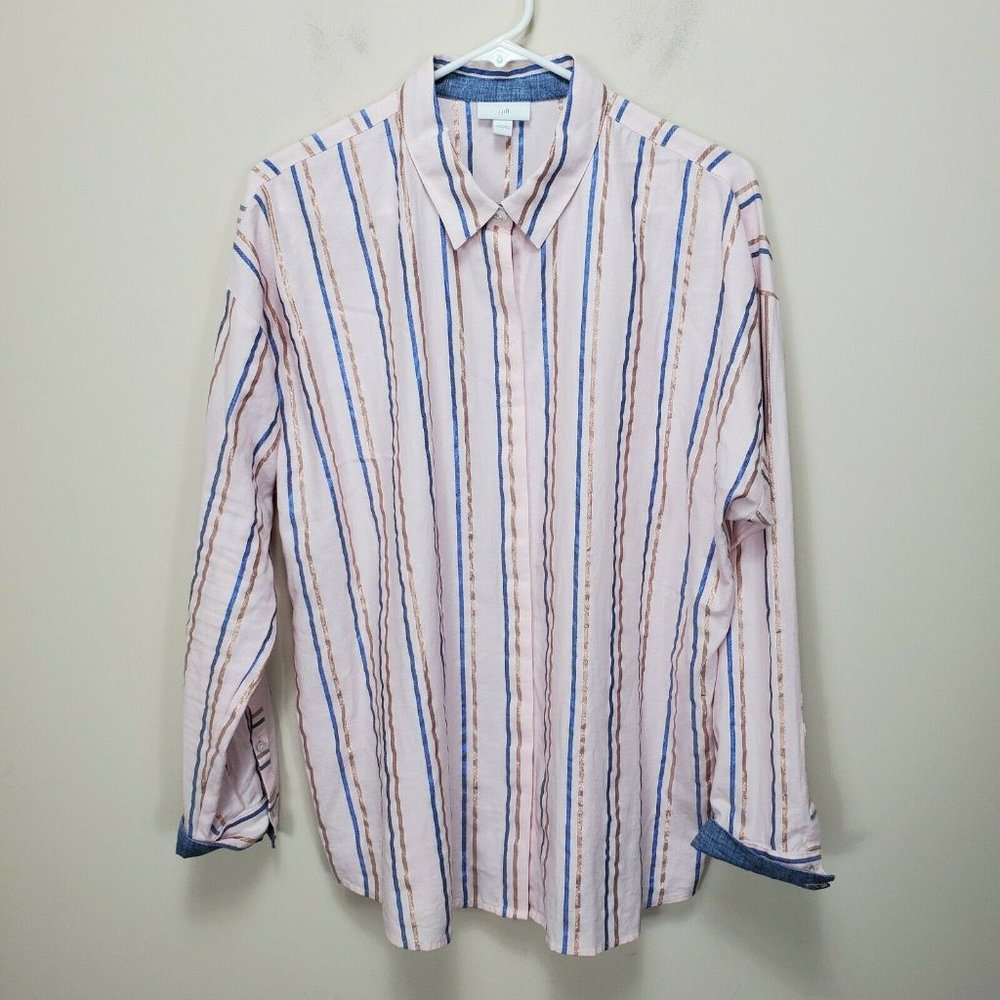 J Jill Shirt button up blush pink blue rose gold metallic stripe top L/S Size L‎